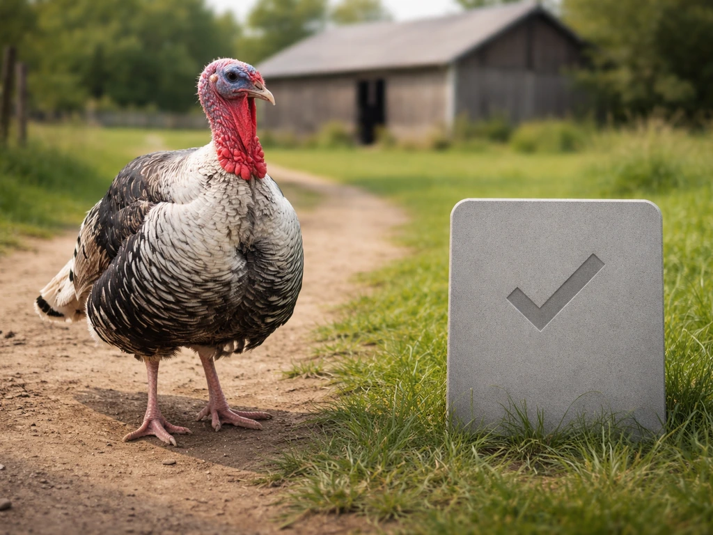Domestic turkey on a farm path beside a blank placard indicating it’s not a federal bird.
