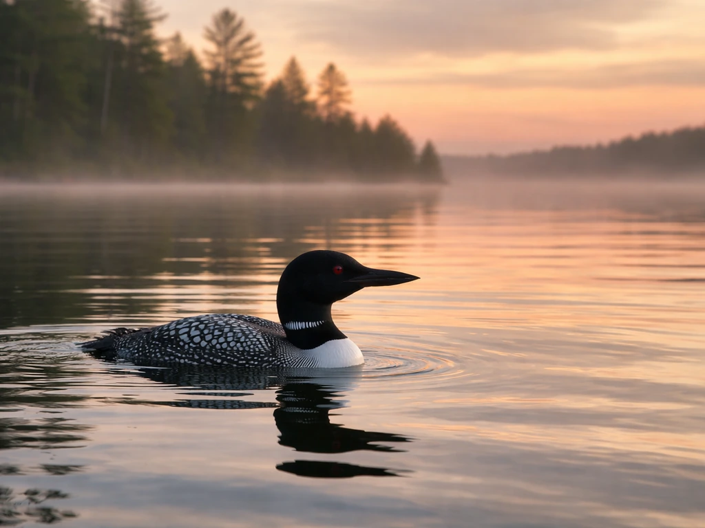 Common loon (Gavia immer) swimming on a calm Minnesota lake at sunrise