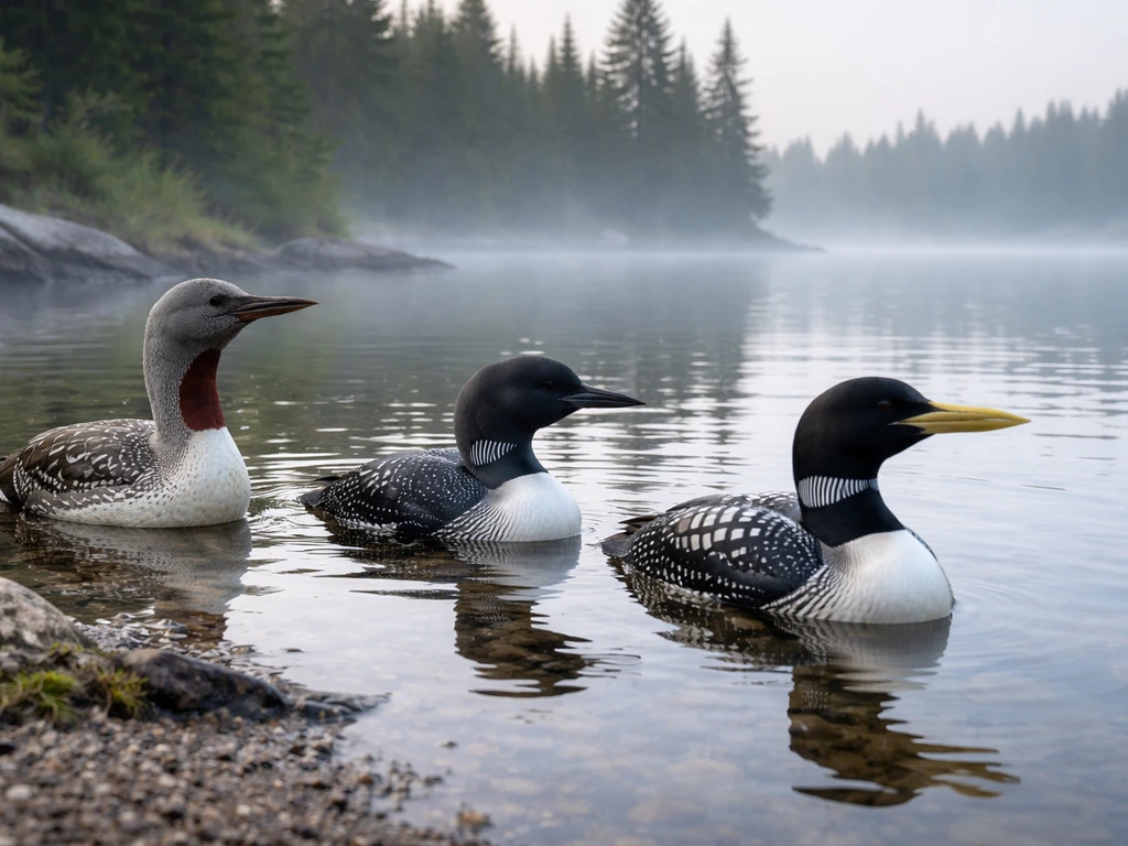 Three different North American loons on a calm lake shore with misty trees in the background.