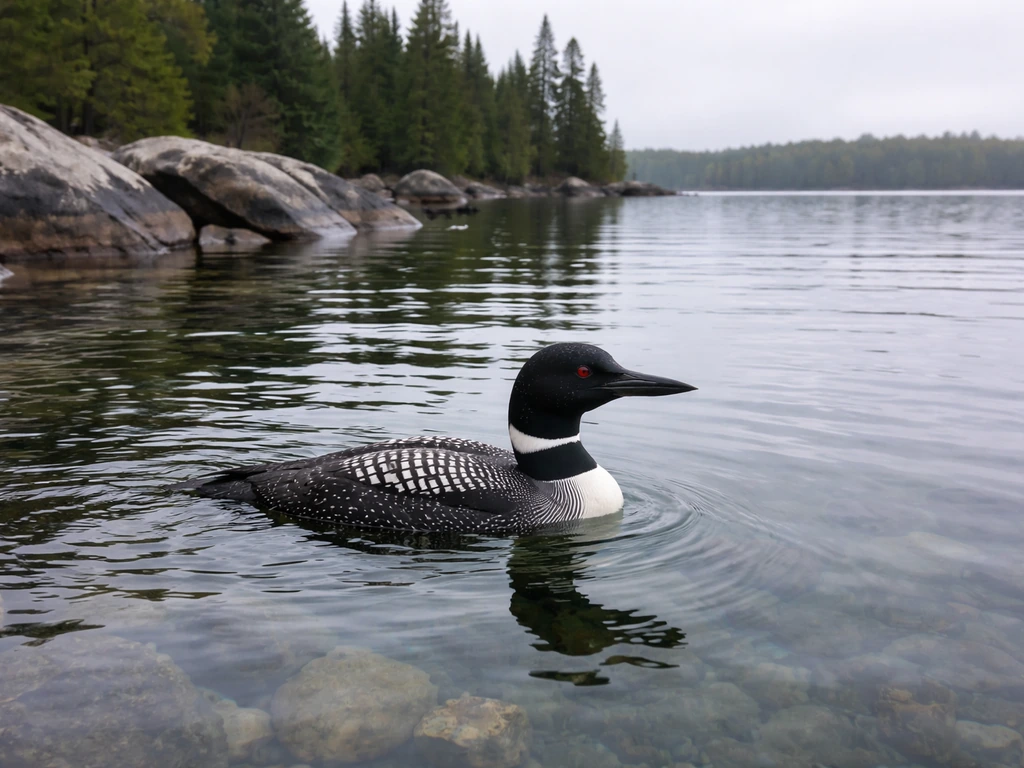 Common loon swimming on a quiet Minnesota lake near the shore.