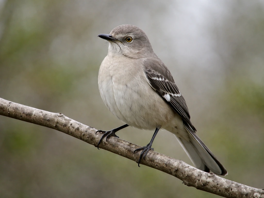 Northern Mockingbird perched on a branch in a quiet outdoor setting with natural foliage background.