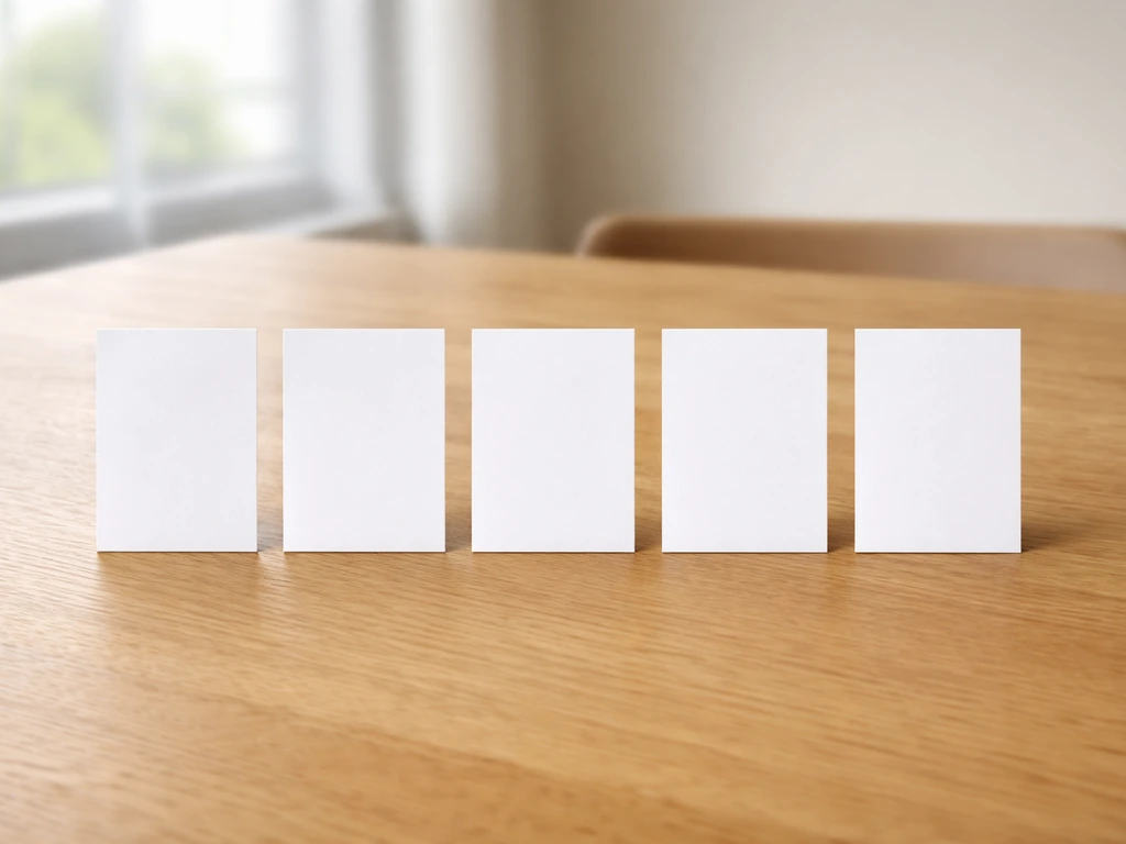 Wood tabletop with five blank cards aligned side-by-side to represent state comparisons.