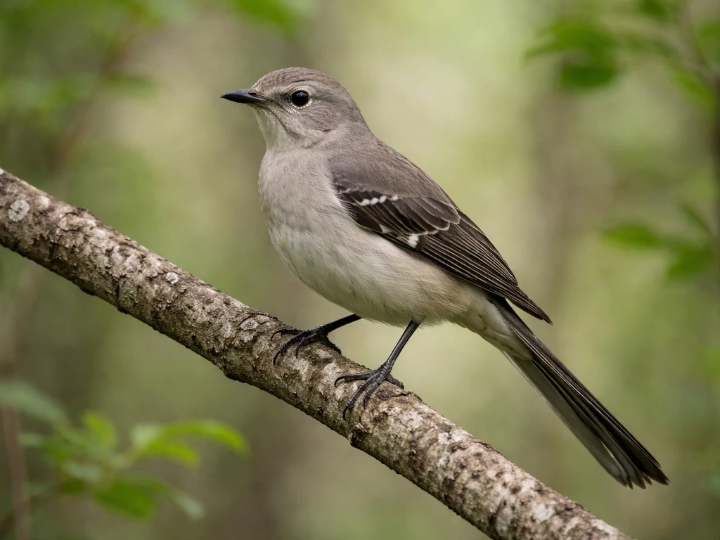 Northern Mockingbird perched on a branch, gray-brown above, pale underside, long dark tail visible.
