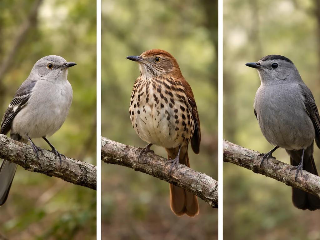 Side-by-side photo of a mockingbird, brown thrasher, and gray catbird perched on branches