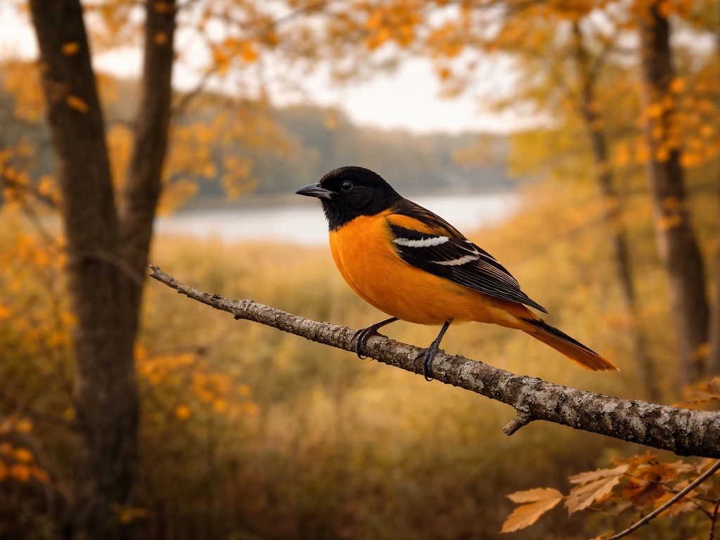 Baltimore Oriole perched among black-and-gold foliage in a minimal Maryland-like landscape.