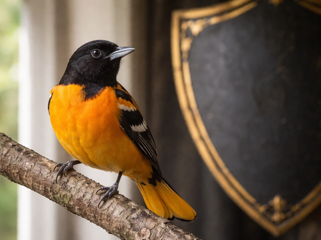 A black-and-orange bird perched beside a dark shield-like surface with subtle gold accents.