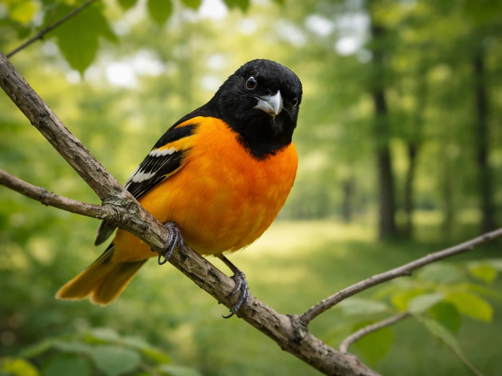Baltimore Oriole perched on a branch in Maryland woodland, vivid orange and black against blurred green leaves.