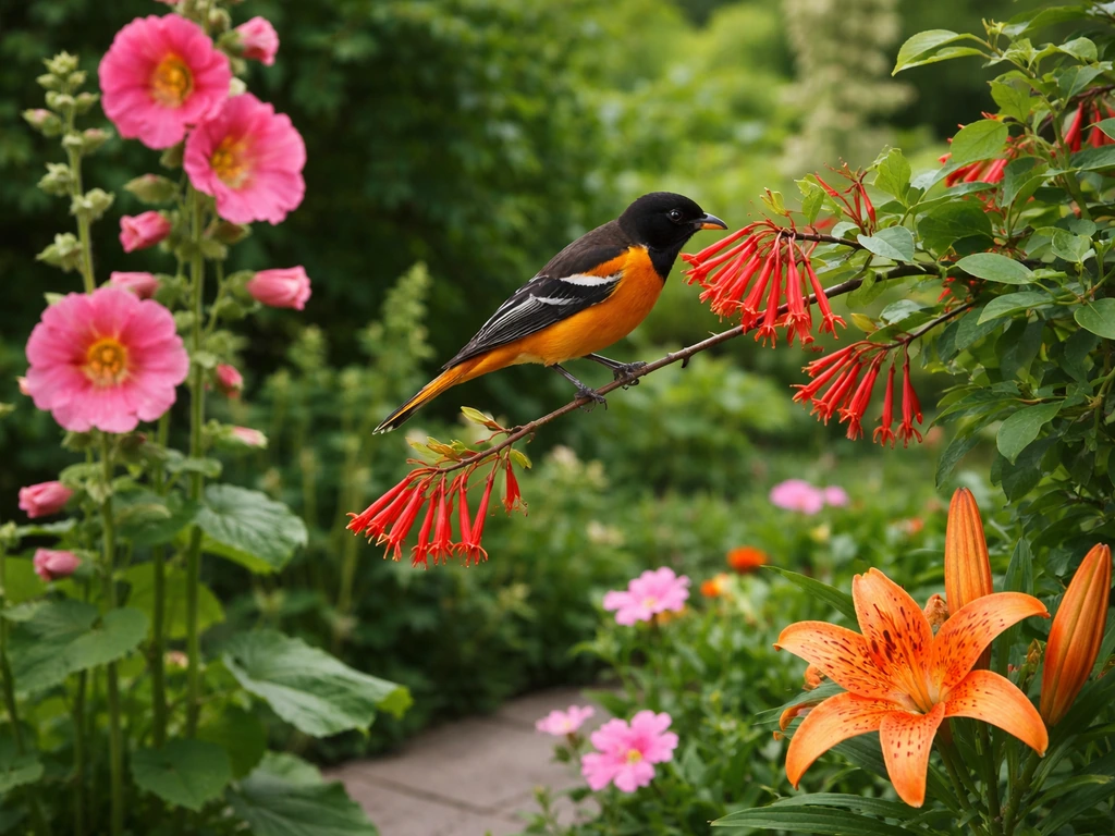 Baltimore Oriole perched near bright scarlet trumpet honeysuckle flowers in a simple backyard garden.