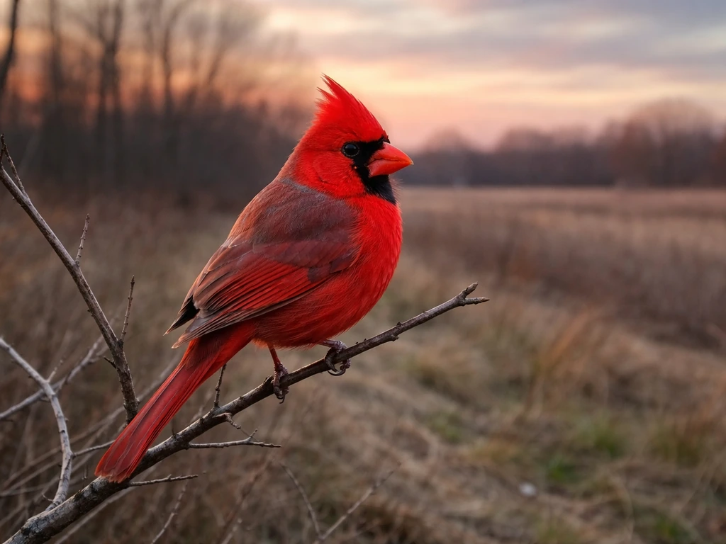 Northern cardinal perched on a twig with a red-tinged Midwestern background behind it.
