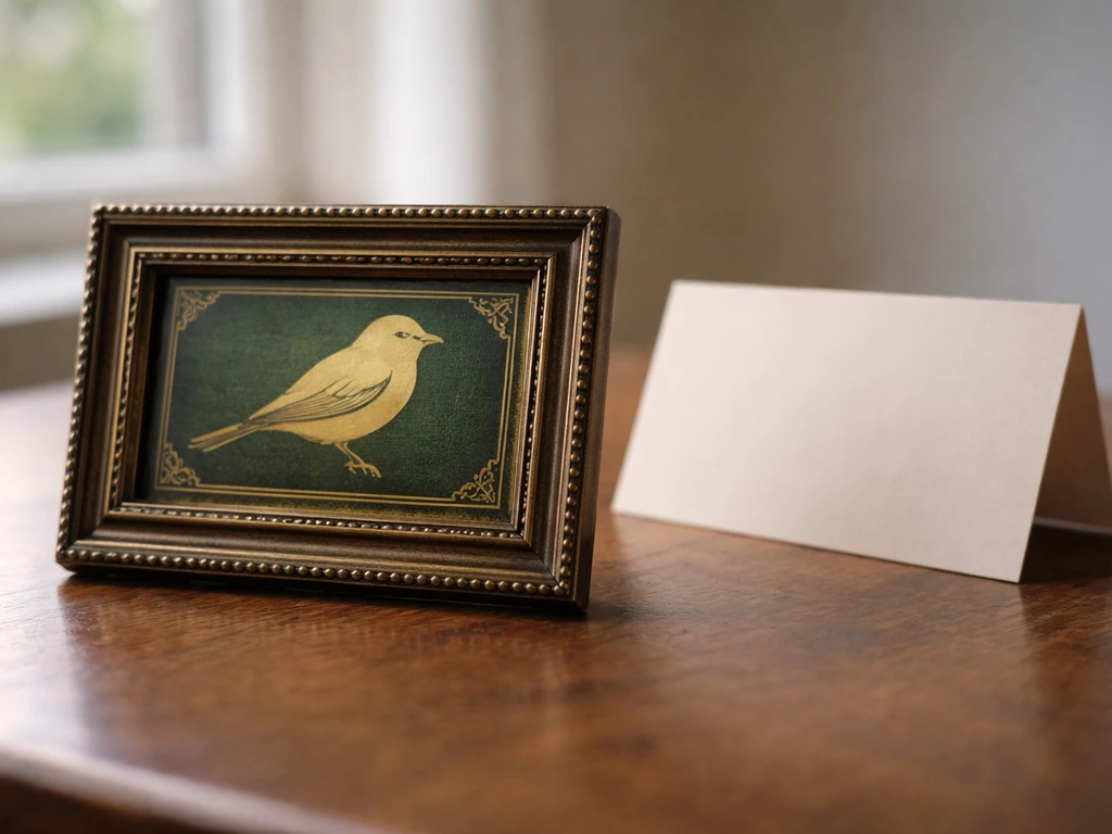 Antique framed emblem with a stylized bird silhouette on a wooden table, symbolizing a state bird.