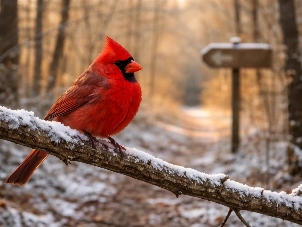 Northern cardinal perched on a branch in an Indiana woodland with a distant sign showing a generic arrow cue.