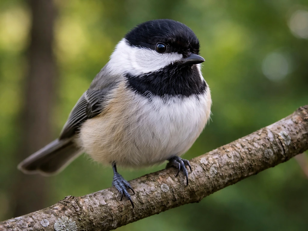 Black-capped chickadee perched on a branch, showing its black cap, white cheeks, and throat bib.