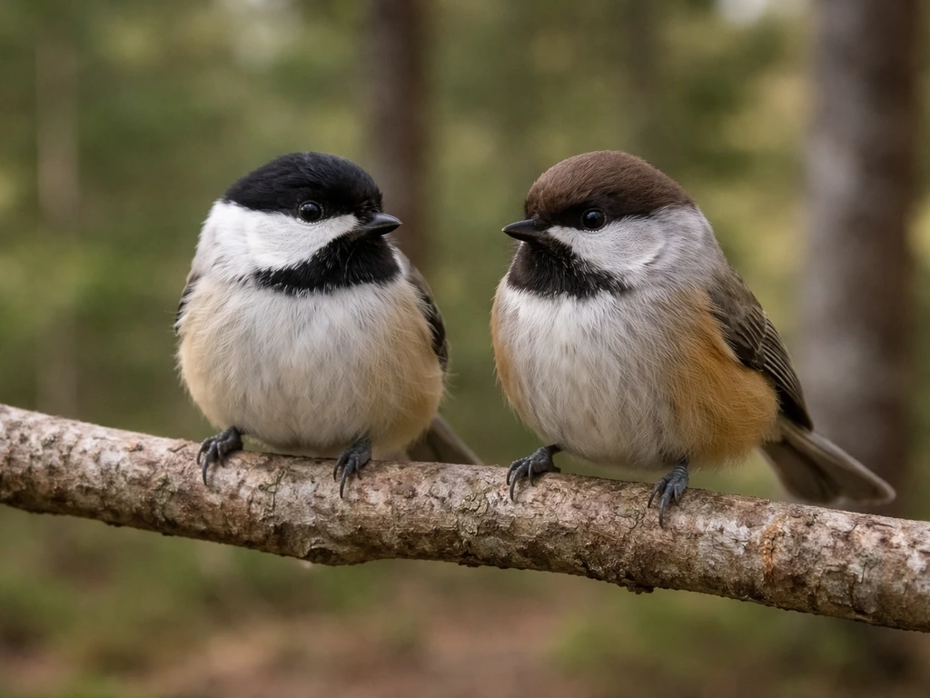 Two chickadees perched on a branch, showing differences between black-capped and boreal types.