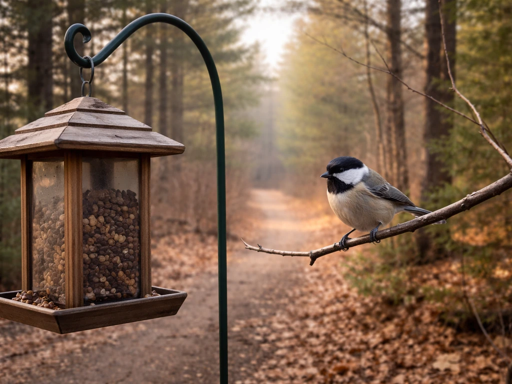 Black-capped chickadee perched by a feeder in a quiet mixed woodland trail in southern Maine