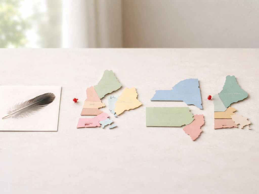 Minimal tabletop comparison of state outline cutouts with small marker dots, no text, plus bird-feather prop.