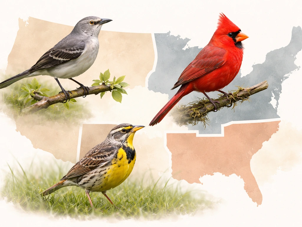 Realistic collage of several birds with faint U.S. state silhouettes behind them, symbolizing state bird meaning.