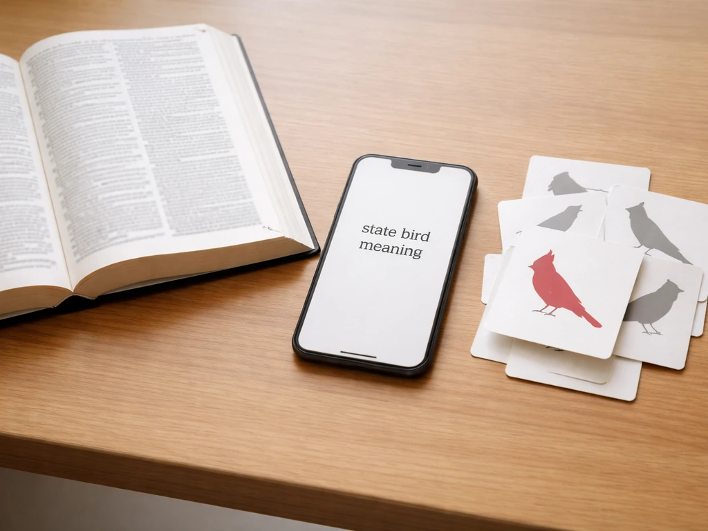 Open dictionary book beside a phone showing a search about state bird meaning and bird symbol cards.