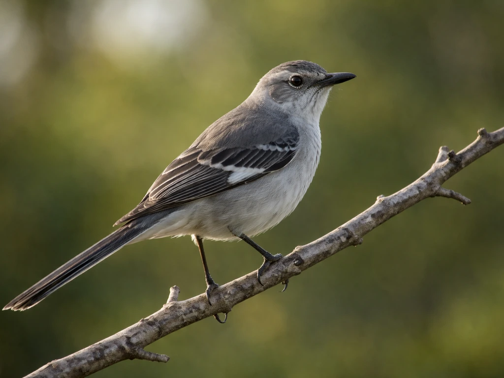 A northern mockingbird perched outdoors on a natural branch, soft light and minimal background.