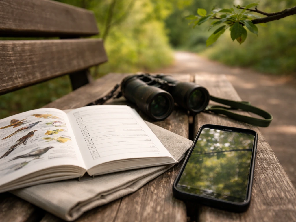 Open birding guide, binoculars, and smartphone aimed at a tree branch for spotting a state bird