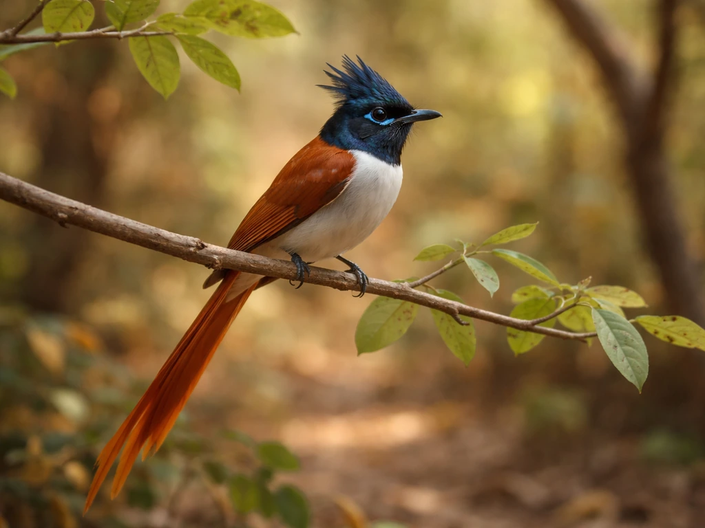 Indian paradise flycatcher perched on a branch in a sunlit Indian woodland, softly blurred background.