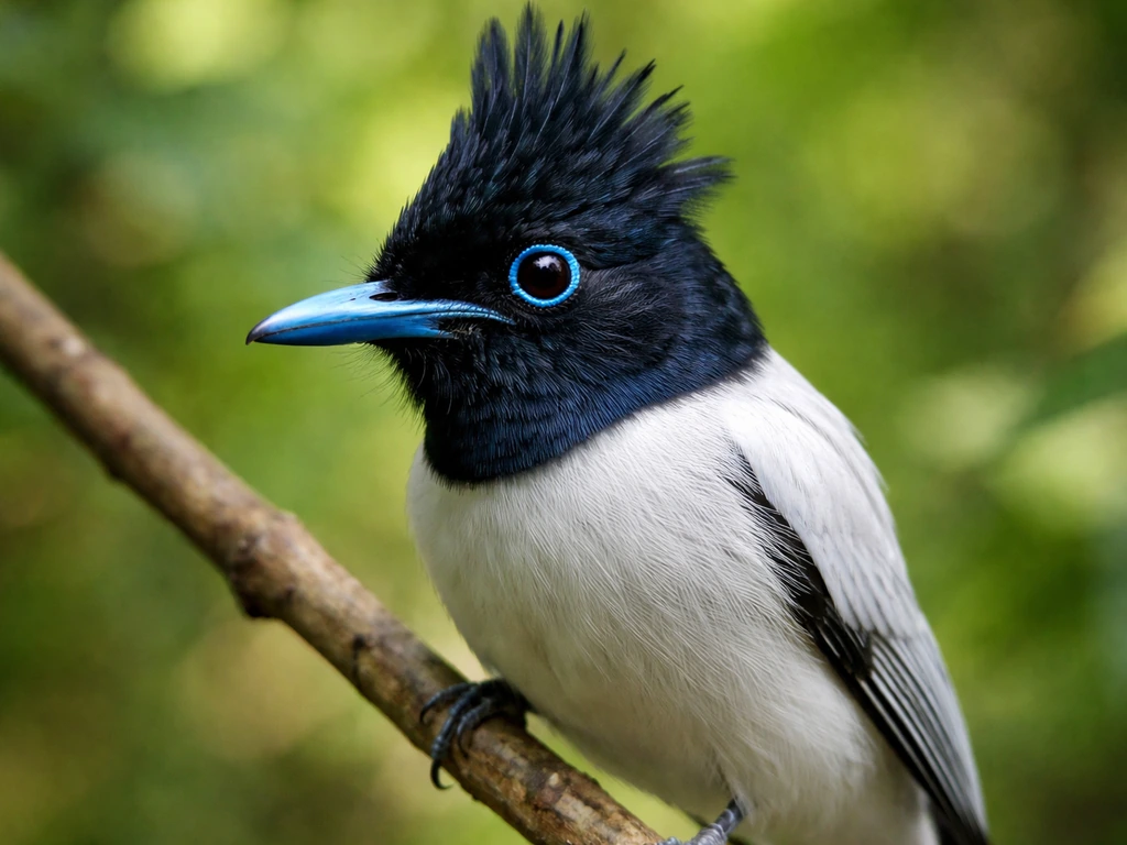 Close-up of an adult male Indian paradise flycatcher showing its jet-black crest, vivid blue bill, and blue eye ring.