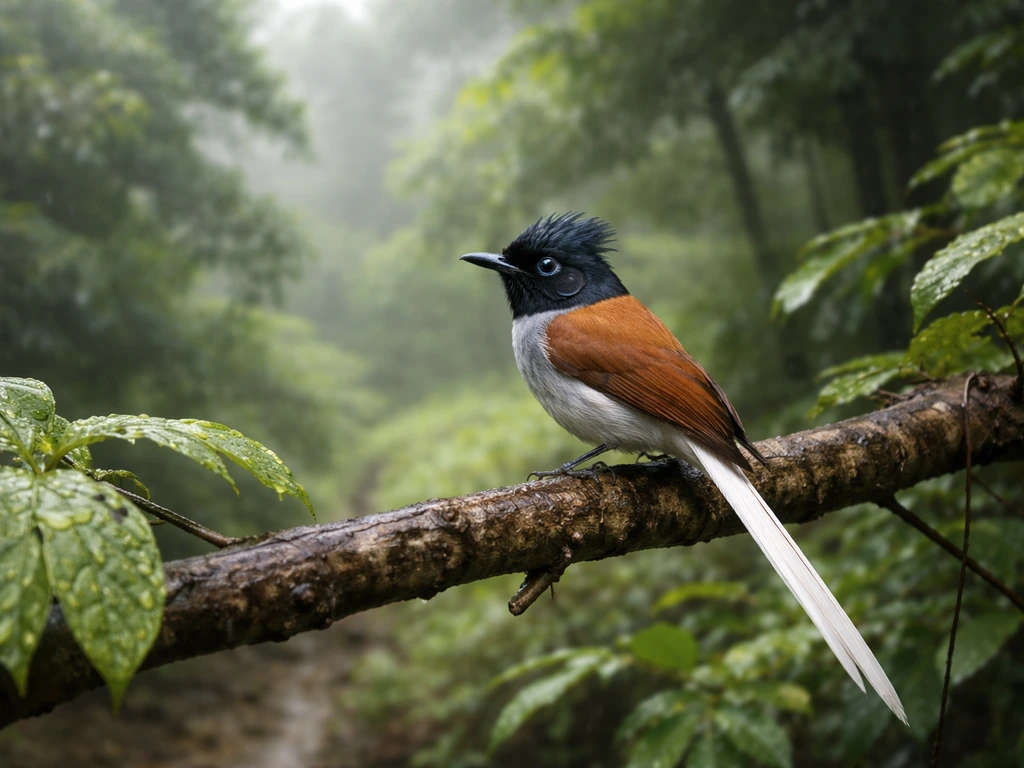 Indian paradise flycatcher perched on a tree at a forest edge during monsoon season.