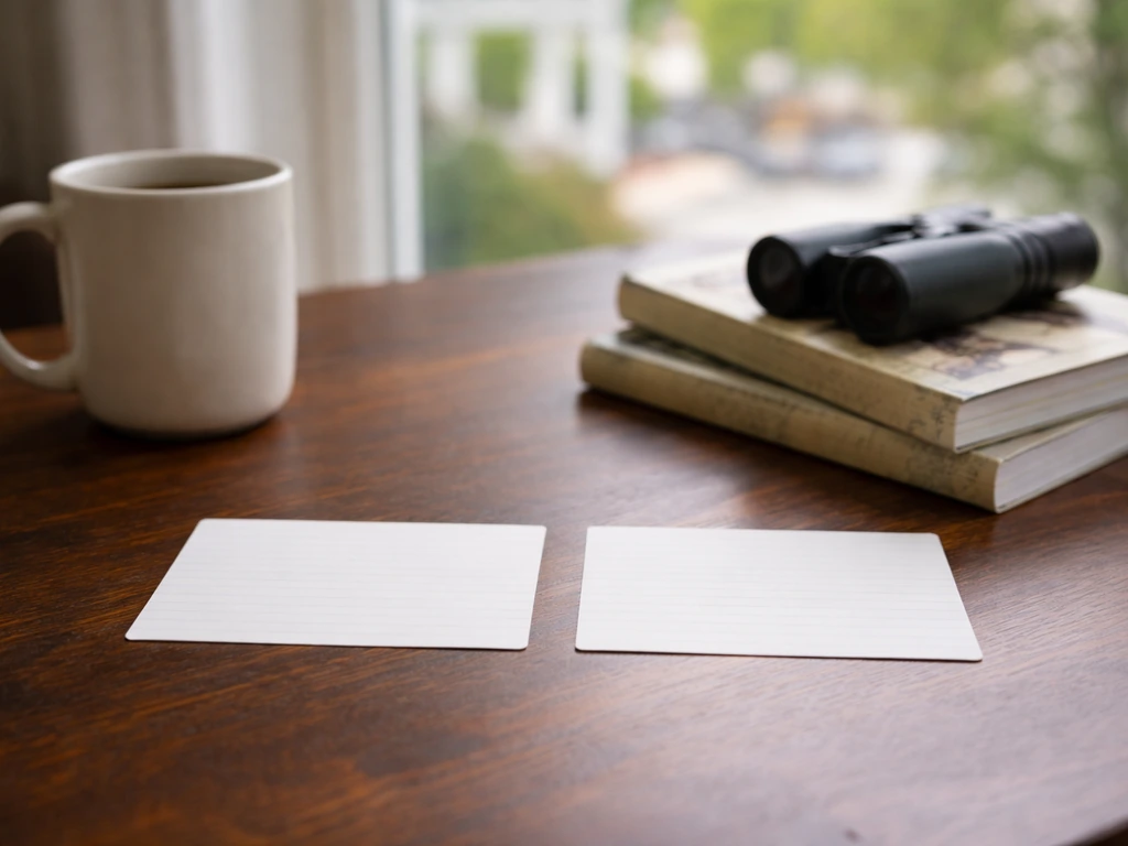 Minimal tabletop scene with two blank index cards and bird guides, suggesting a state-by-state comparison.