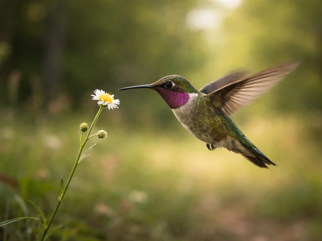 Photorealistic hummingbird hovering near a wildflower in a softly blurred natural landscape
