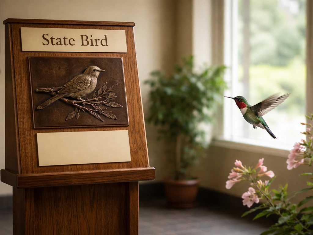 Museum plaque display showing a non-hummingbird state bird, with a hummingbird hovering in the background.