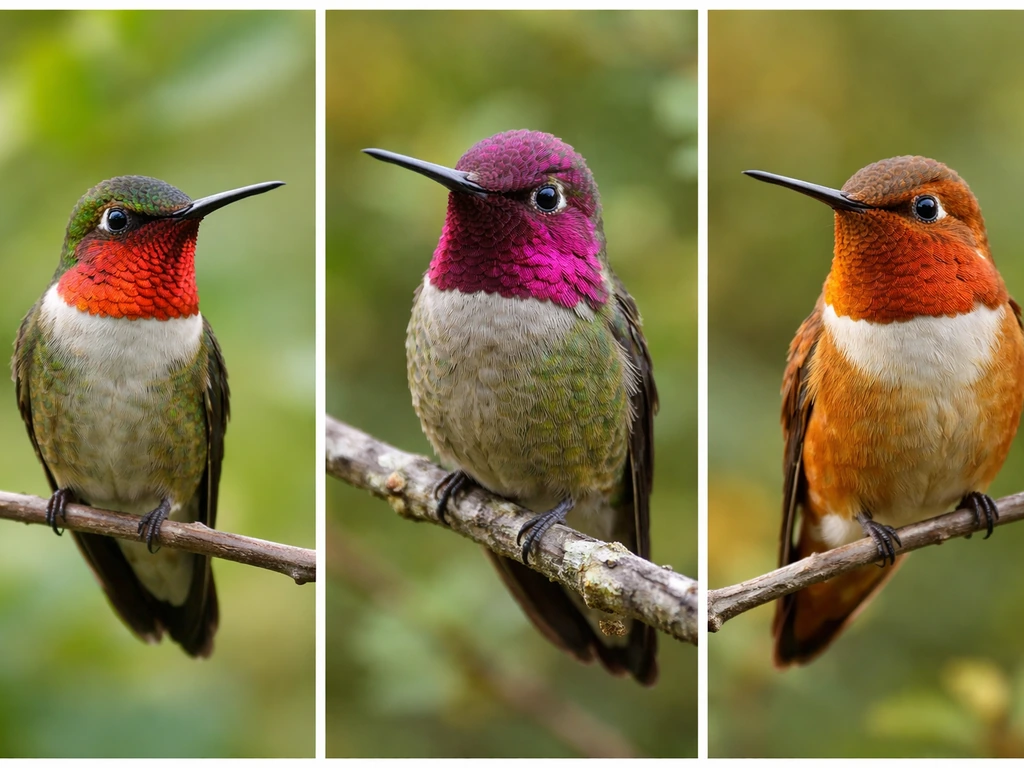Three side-by-side close-up frames of ruby-throated, Anna’s, and rufous hummingbirds showing distinct throat colors