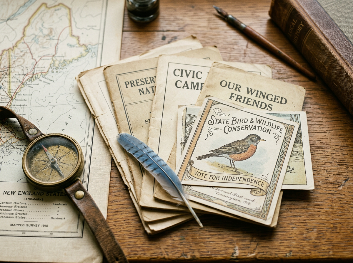 Vintage-style postcard and pamphlet related to state bird designations