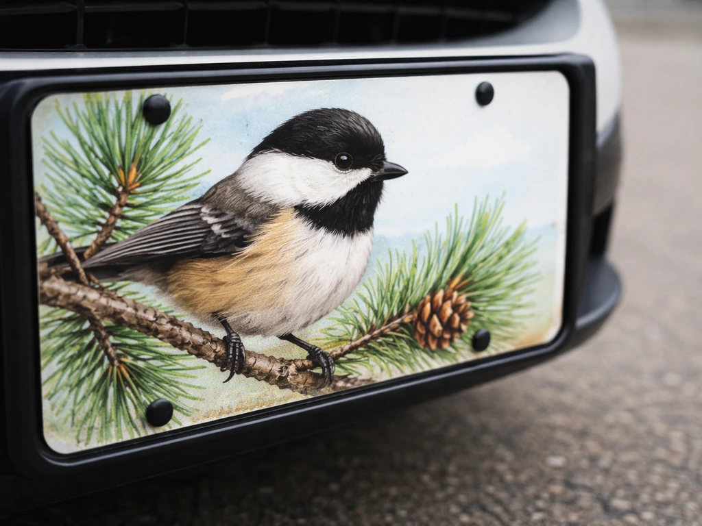 Close-up of a Maine license plate showing a black-capped chickadee artwork clearly.