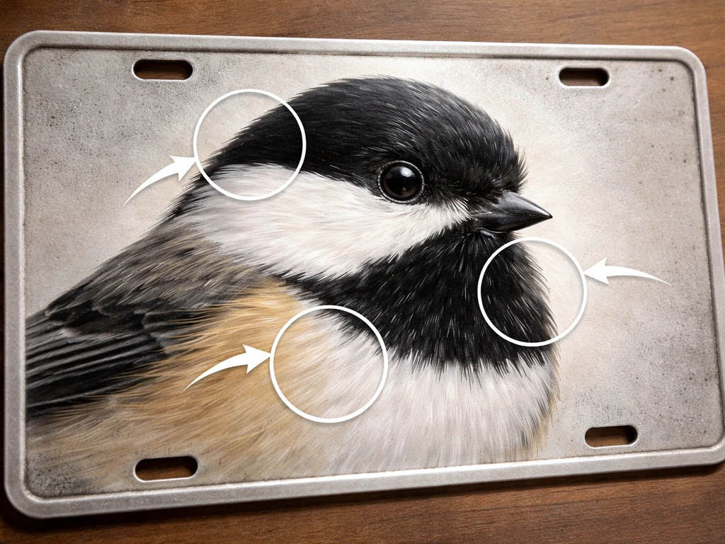 Close-up of a license plate illustration of a black-capped chickadee with pointers to cap, bib, and white cheeks