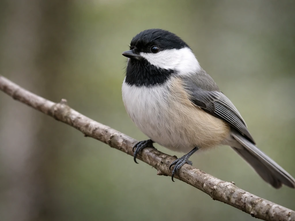 A black-capped chickadee showing black cap, black bib, white cheeks, and gray wings in a simple natural setting.