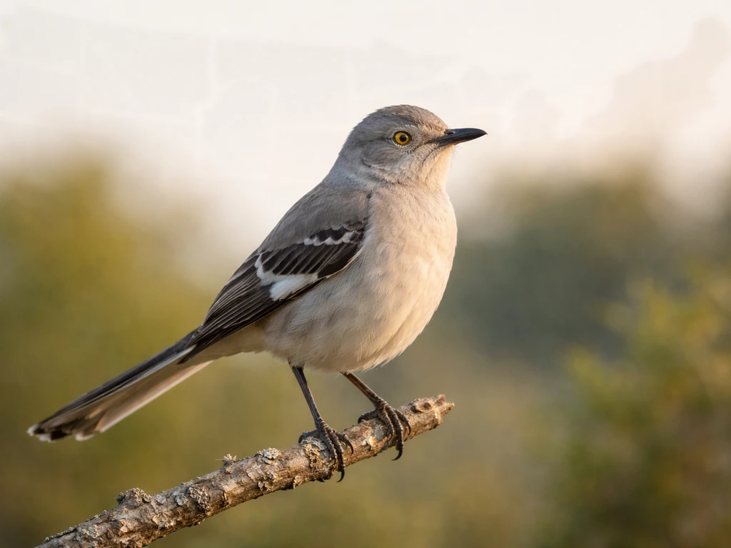 Northern Mockingbird perched on a branch with a subtle, blurred U.S. map outline in the background.