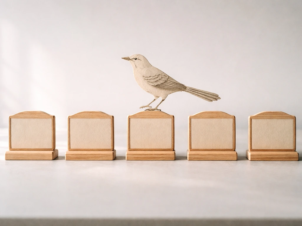 Minimal photo of five empty state-bird plaques arranged neatly, suggesting official designations without readable text.