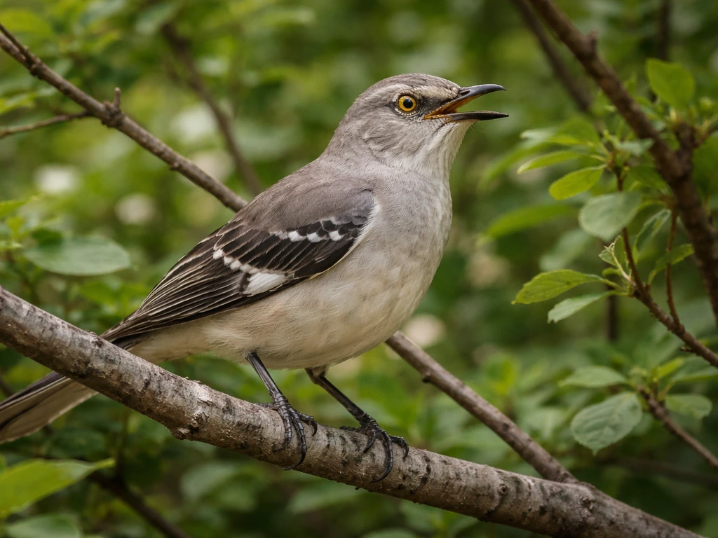 Northern mockingbird perched in leafy Tennessee shrubs, natural habitat close-up in soft daylight.