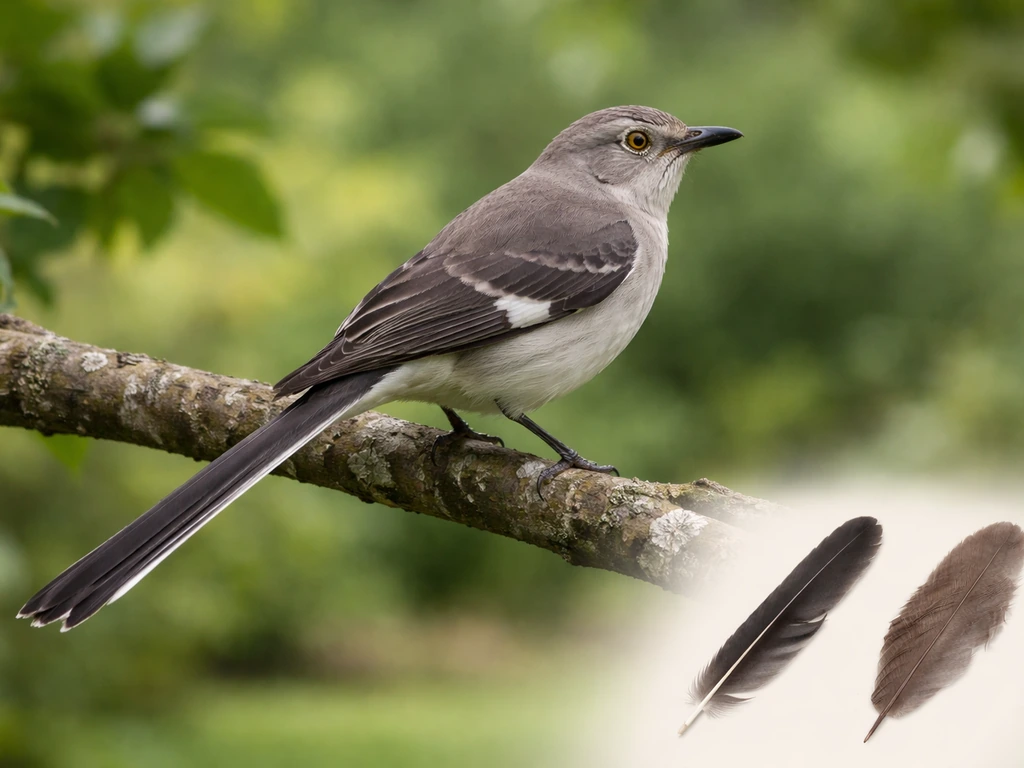 Northern mockingbird perched on a branch with a clear long tail, plus simple visual field cues.