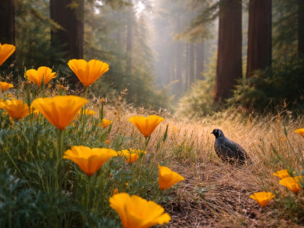 Golden poppy blossoms with a valley quail silhouette in the foreground and a misty redwood grove behind