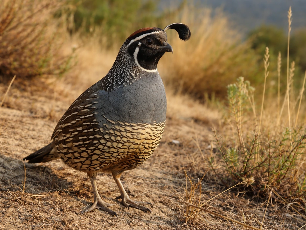 Close-up of a California valley quail in scrubby hillside grass, showing black plume and scaled belly.