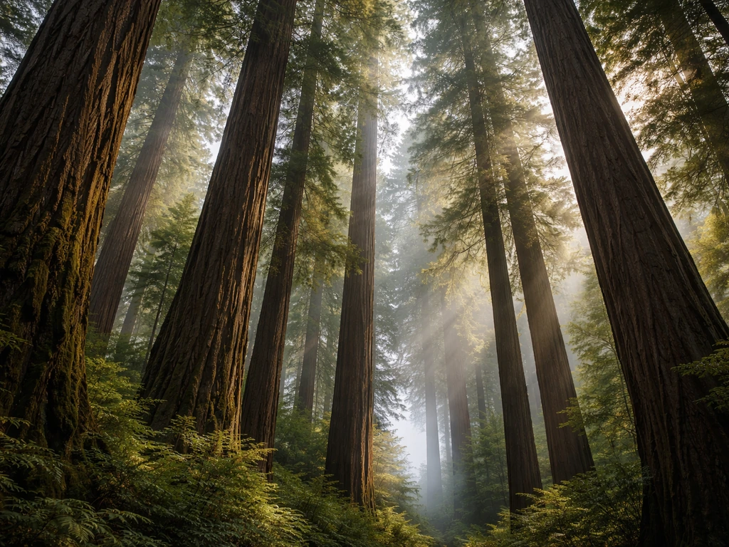 Sunlit coast redwood grove with towering trunks and layered canopy receding into foggy distance.