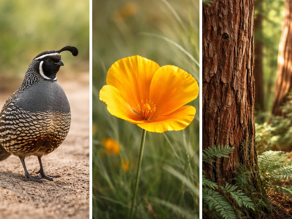 Three side-by-side California nature scenes: valley quail, golden poppy, and redwood bark and foliage.