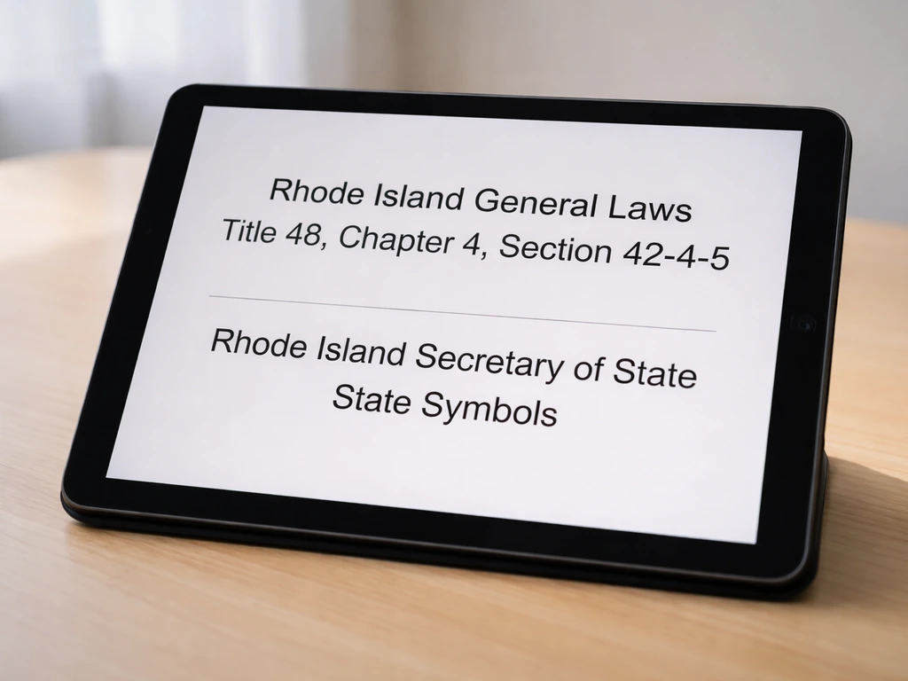 Close-up of a tablet showing a readable document about Rhode Island General Laws Title 42, Ch. 4, Sec. 42-4-5.