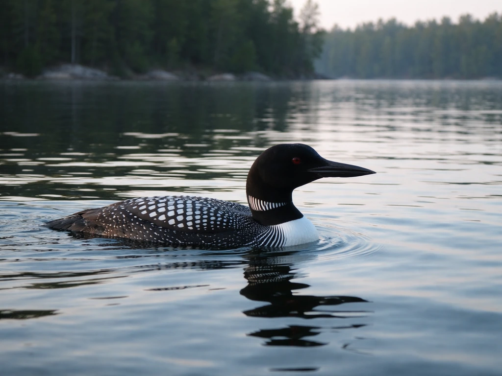 A Common Loon swimming on calm Minnesota lake water near a pine-lined shoreline