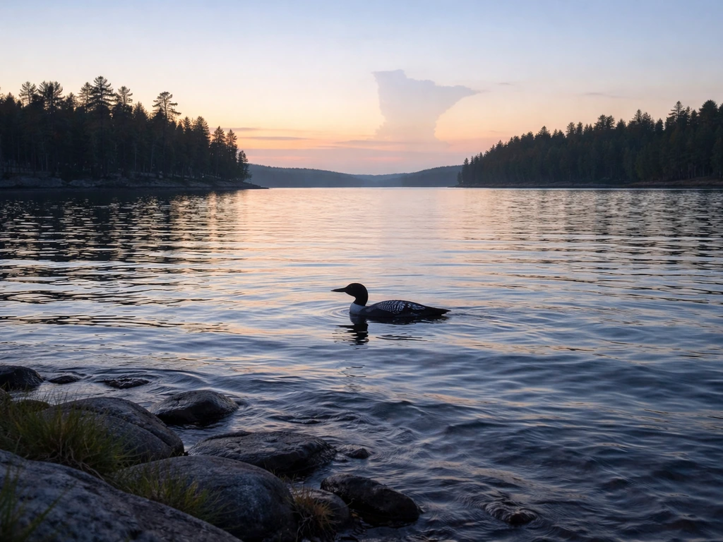 Common loon swimming on a quiet Minnesota lake at dusk with pine trees along the shore.