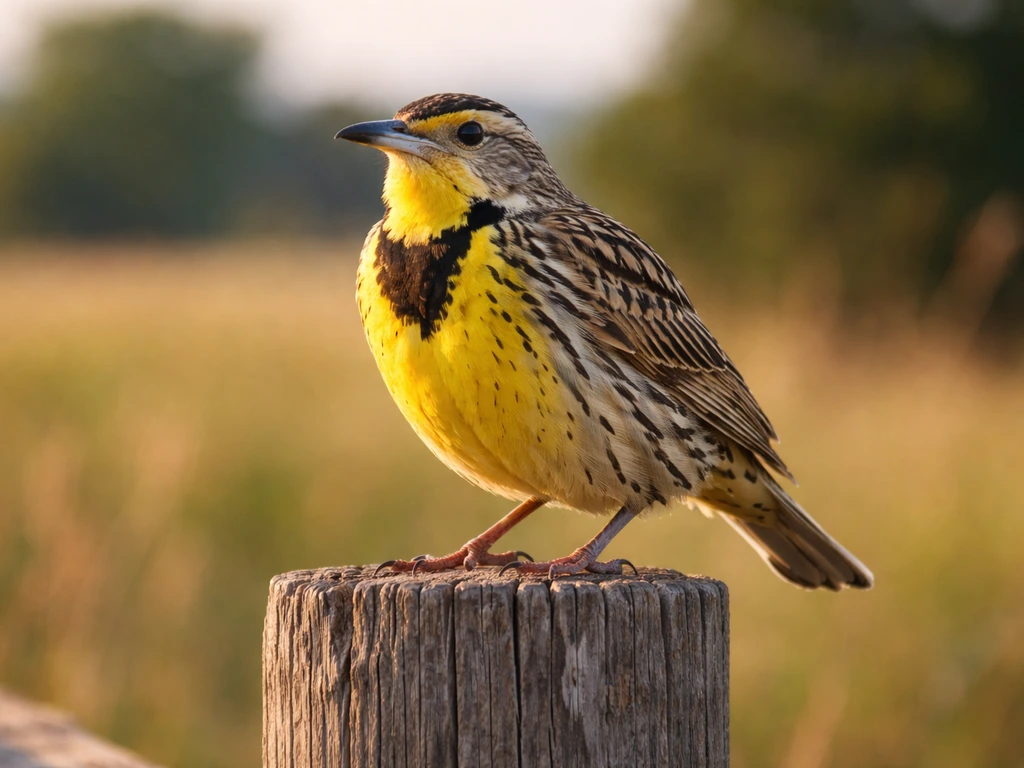 Western Meadowlark perched on a fence post in bright natural light.