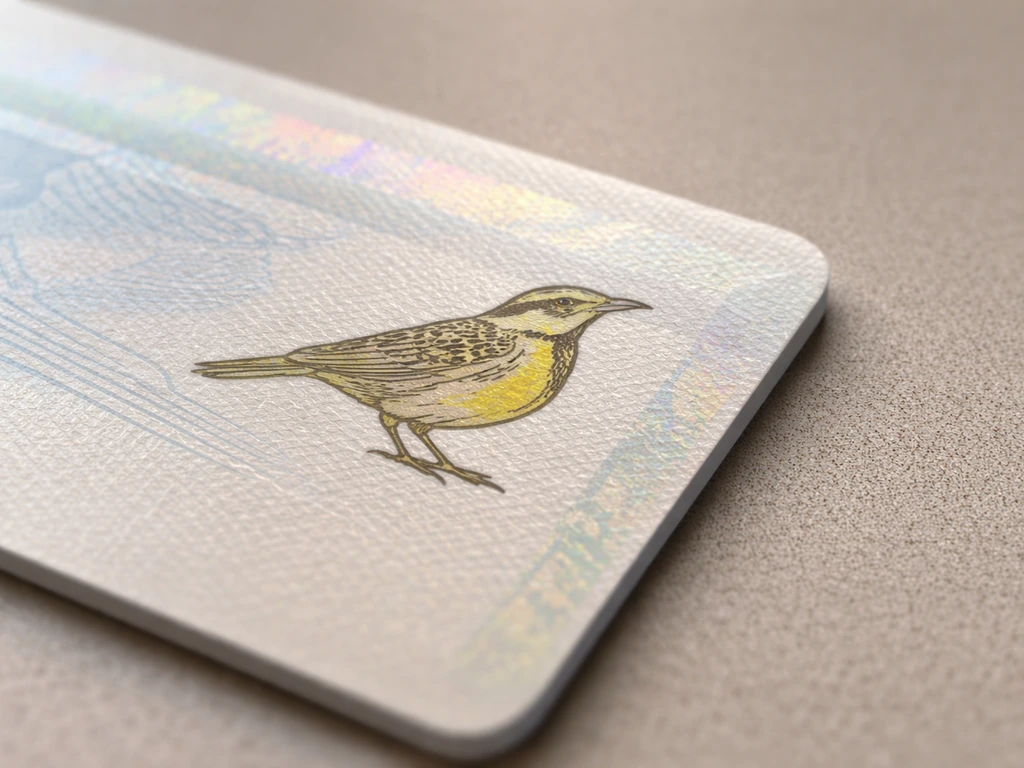 Close-up of an Oregon-style driver’s license card with a Western Meadowlark bird emblem on the laminate.