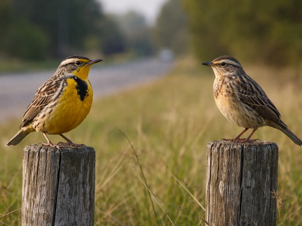 Two similar songbirds perched on fence posts in a grassy roadside meadow, showing differing field marks.
