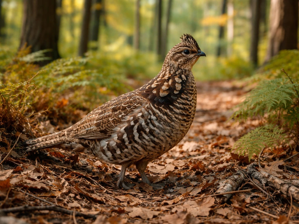Ruffed grouse camouflaged on forest floor in a Pennsylvania woodland, autumn leaves and soft light.