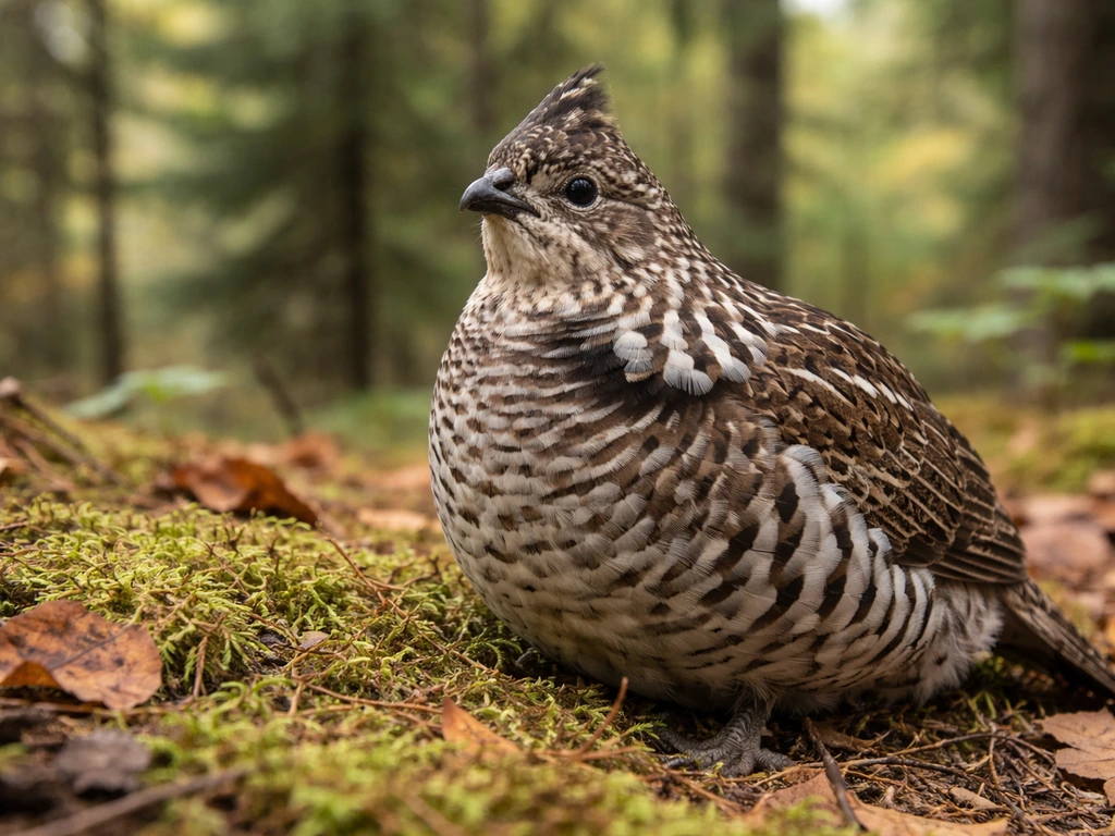 Close-up of a ruffed grouse perched on forest floor, showing rich brown plumage with white and black markings.